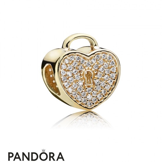 Pandora Sparkling Paves Charms Heart Lock Charm Clear Cz 14K Gold Jewelry