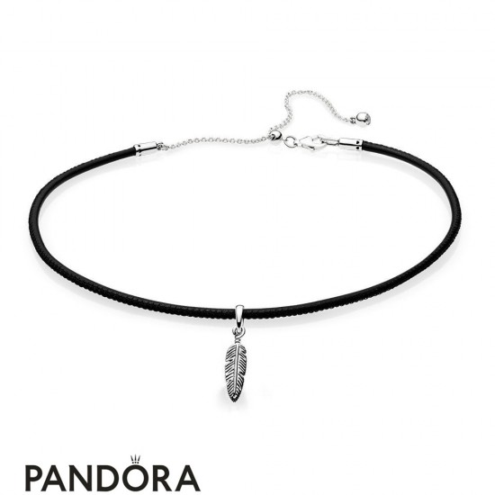 Women's Pandora Black Leather Choker Necklace & Feather Pendant Jewelry
