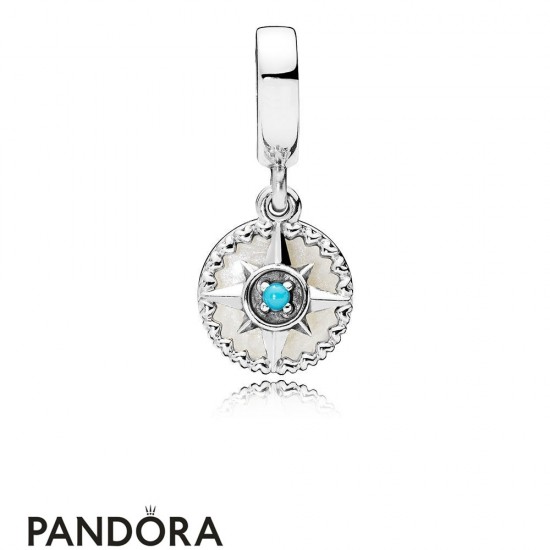 Women's Pandora Compass Rose Dangle Charm Silver Enamel & Cyan Blue Crystal Jewelry