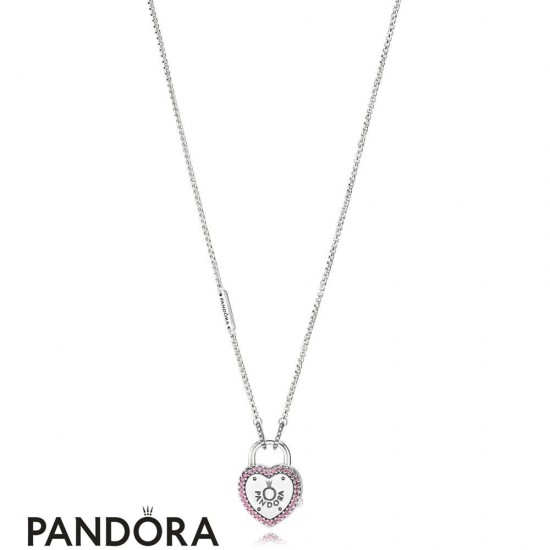 Women's Pandora Lock Your Promise Necklace Fancy Fuchsia Pink Cz Jewelry