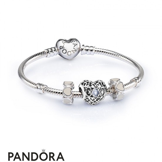Women's Pandora March Signature Heart Birthstone Charm Bracelet Set Jewelry