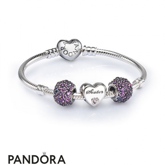 Women's Pandora Sister Heart Charm Bracelet Set Jewelry